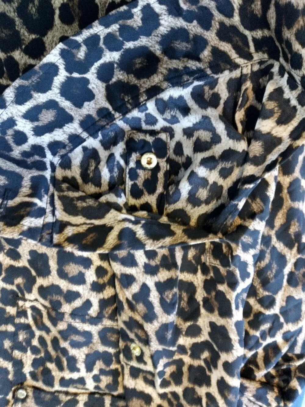Michael Kors Full Zip Shirt Black/Brown Leopard Roll Tab Sleeves 2X